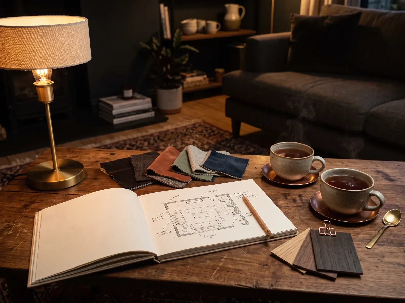 Sketchbook with a floor plan, fabric swatches and board samples on a coffee table during a design consultation