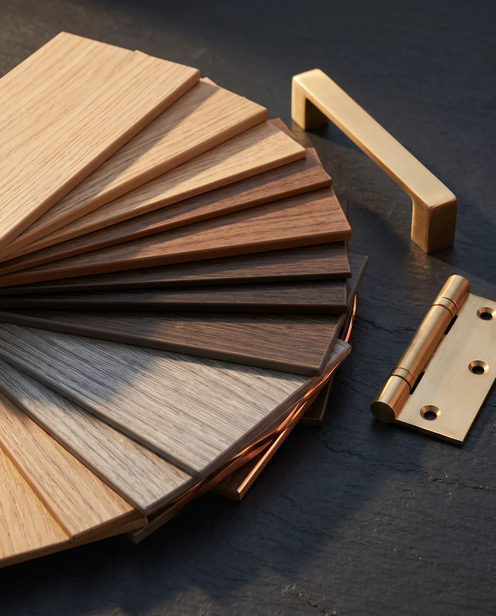 Fan of wood-grain board samples with edge banding and brass hardware on a dark surface