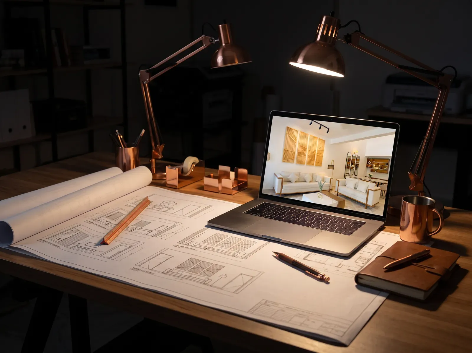 Designer's desk with interior drawings, a scale ruler and a 3D view of a living room on a laptop