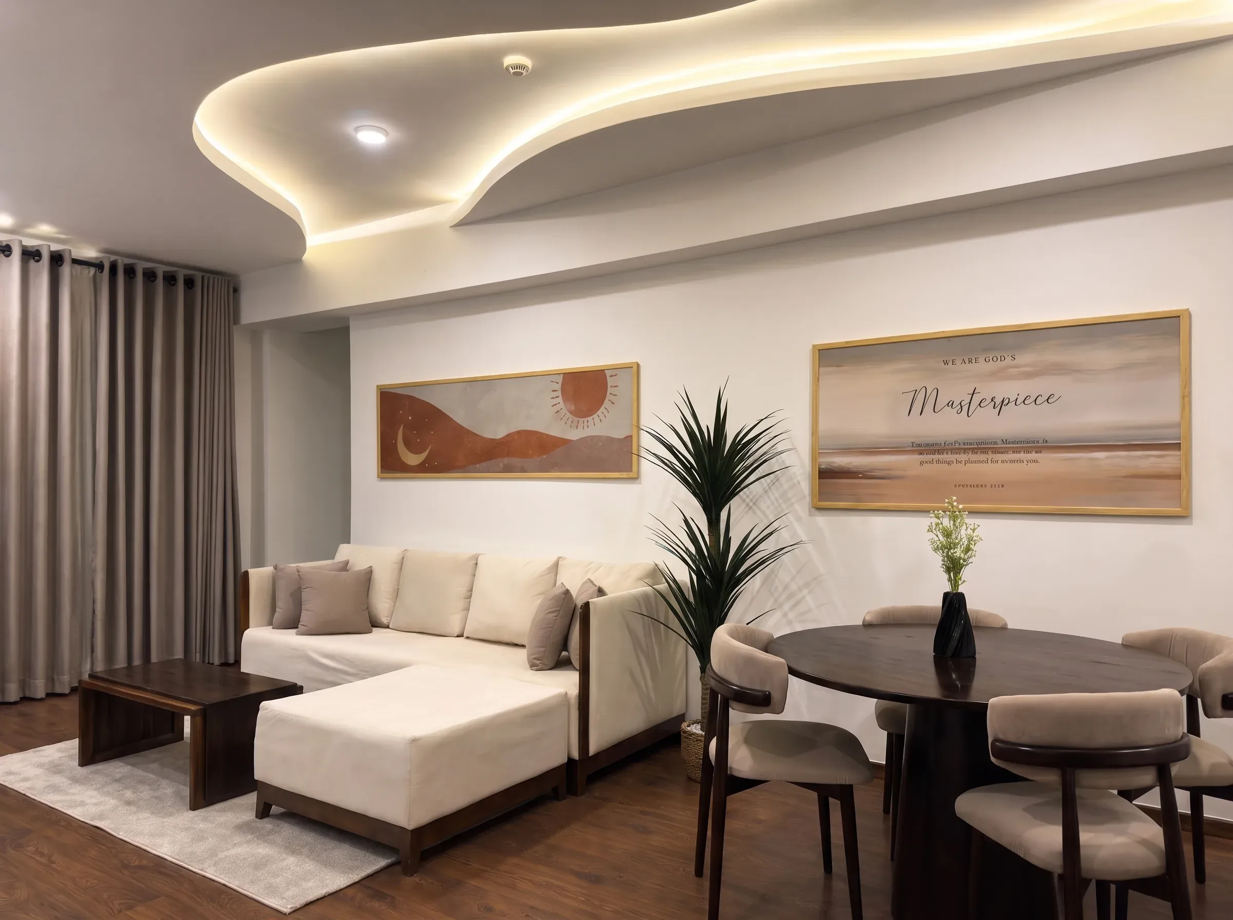 Apartment living room under a flowing cove-lit ceiling