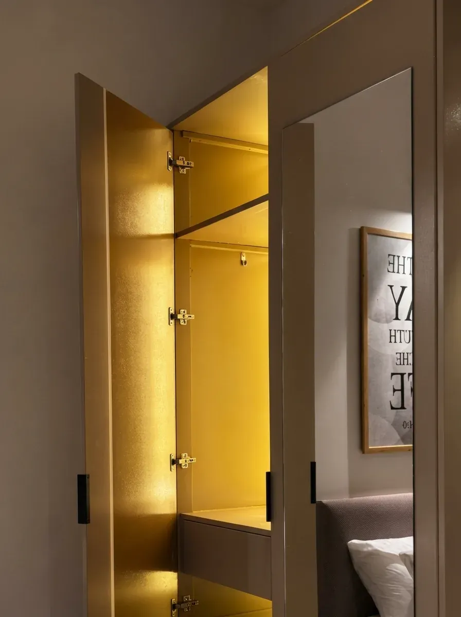Close-up of the gold-lined wardrobe interior and lighting